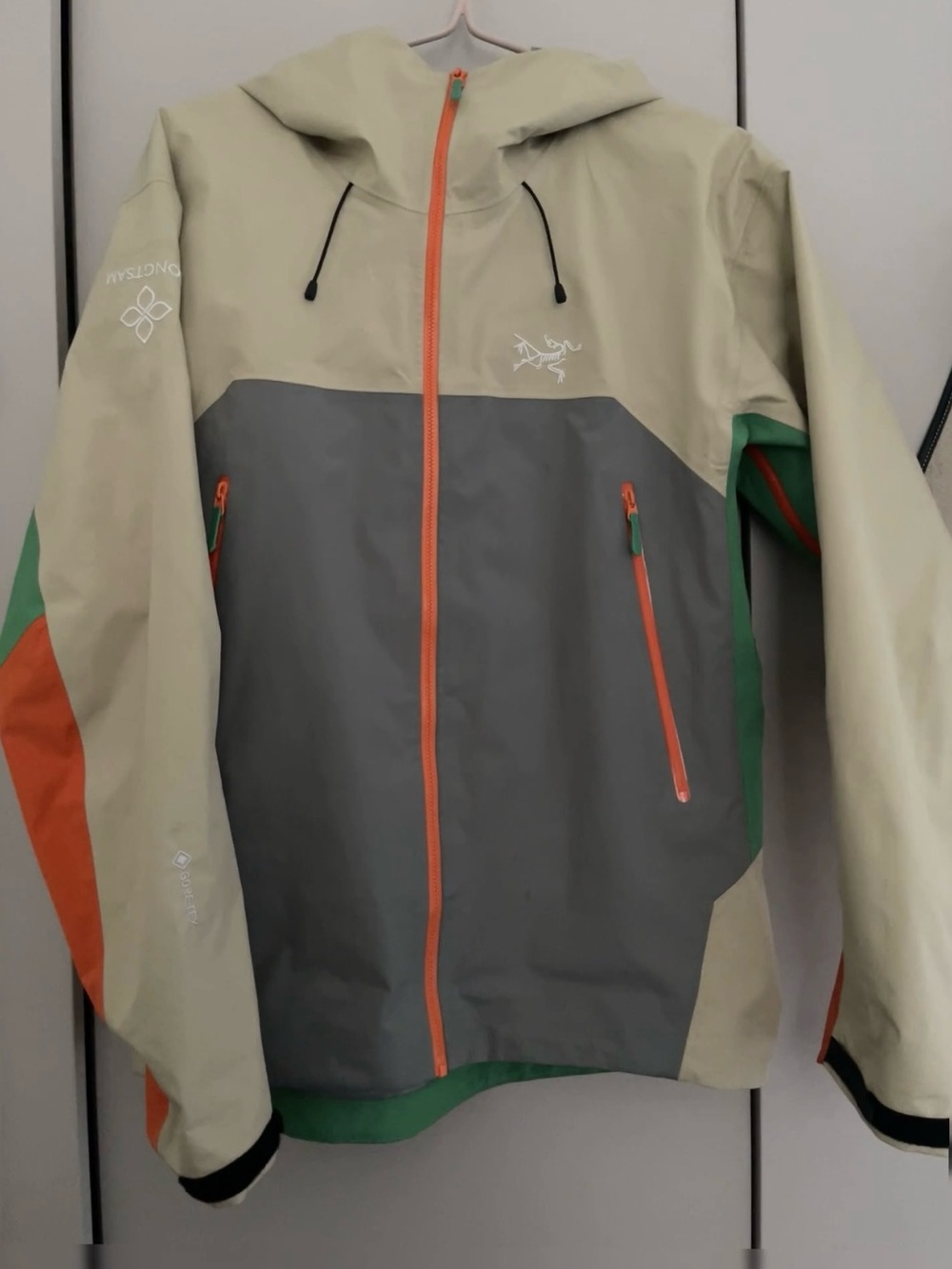 Arc'teryx Colorblock Waterproof Hooded Shell Jacket — Beige, Gray, Green, Orange